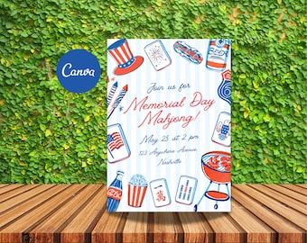 Memorial Day Mahjong Invitation, Patriotic Game Night Template, Editable Canva Invite (Digital Download)