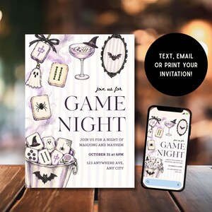 May include: A Halloween-themed game night invitation card featuring watercolor illustrations of mahjong tiles, a cocktail glass with a witch hat, a bat mirror, and a bucket of tiles. Text reads: join us for GAME NIGHT, JOIN US FOR A NIGHT OF MAHJONG AND MAYHEM, OCTOBER 31 at 6PM, 123 ANYWHERE AVE, ANY CITY.