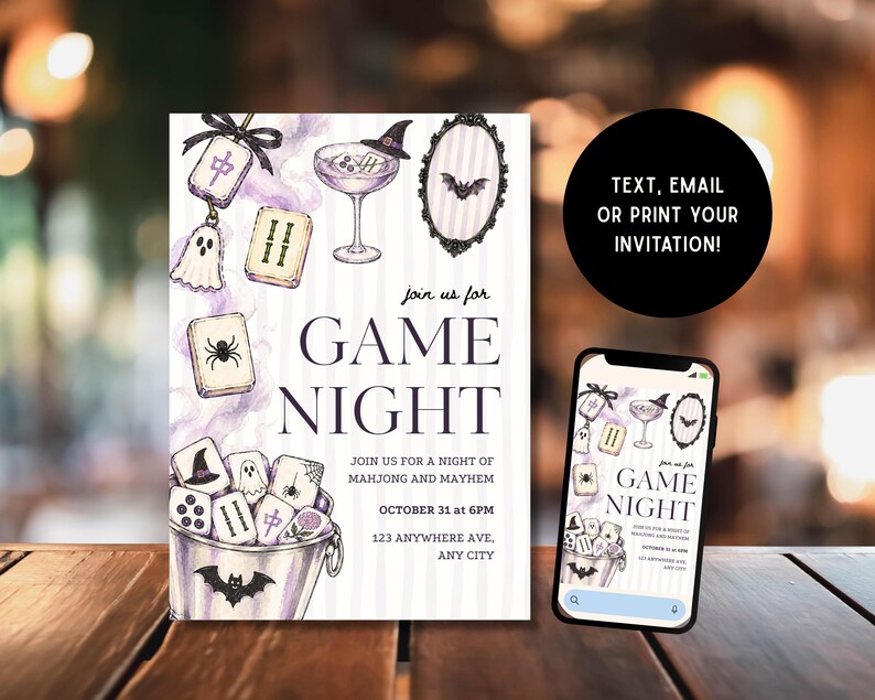 May include: A Halloween-themed game night invitation card featuring watercolor illustrations of mahjong tiles, a cocktail glass with a witch hat, a bat mirror, and a bucket of tiles. Text reads: join us for GAME NIGHT, JOIN US FOR A NIGHT OF MAHJONG AND MAYHEM, OCTOBER 31 at 6PM, 123 ANYWHERE AVE, ANY CITY.