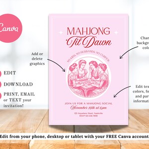 May include: A pink invitation for a Mahjong social, featuring the text "Mahjong 'Til Dawn" in red script. The invitation includes an illustration of women playing Mahjong and event details. The Canva logo is in the upper left corner.