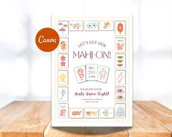 May include: A cream-colored invitation with the text "Let's Get Our Mahj-On!" and decorative Mahjong tiles. The invitation includes the date, time, and location for a girls game night. The Canva logo is in the upper left corner.