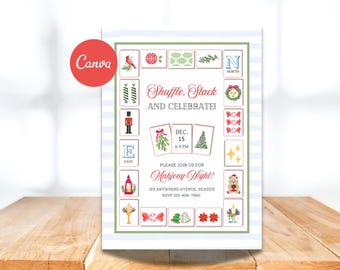 Bearbeitbare Mahjong Einladung: Weihnachtsferien Spielnacht Vorlage (Canva Digital Download)