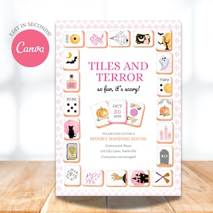 May include: A pink and white invitation featuring the words "TILES AND TERROR so fun, it's scary!" and Halloween-themed Mahjong tiles. The invitation includes the date "OCT 30 6PM" and the address for a "SPOOKY MAHJONG SOCIAL".