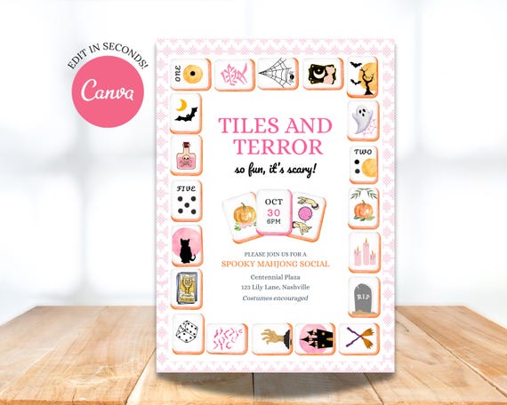 Halloween Mahjong Invitation: Tiles & Terror Canva Template (Digital Download