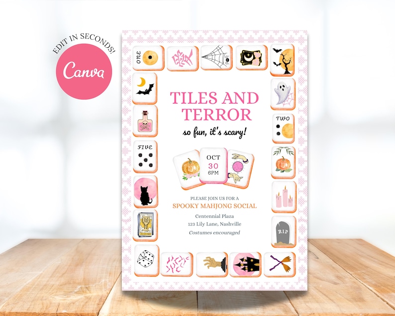 May include: A pink and white invitation featuring the words "TILES AND TERROR so fun, it's scary!" and Halloween-themed Mahjong tiles. The invitation includes the date "OCT 30 6PM" and the address for a "SPOOKY MAHJONG SOCIAL".