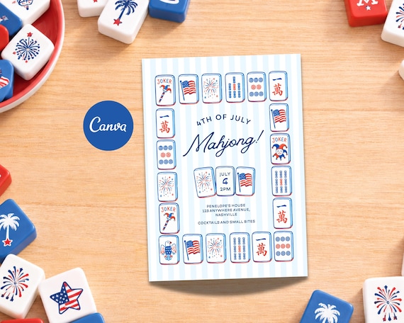 4th of July Mahjong Invitation Template, Red White Blue Game Night Invite (Digital Download)
