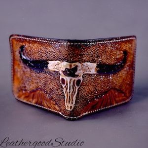Portafoglio Buffalo, Portafoglio da uomo in pelle intagliata, Portafoglio bifold, Portafoglio sottile fatto a mano, Porta carte in pelle, Regalo in pelle per gli uomini, Regalo per papà