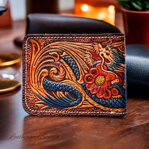 Cartera tallada en dragón, cartera para hombre de cuero tallado, cartera plegable de vaquero occidental, cartera de cuero para hombre, regalo de cuero para hombres, regalo para papá