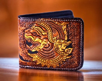 Cartera gigante tallada, cartera de piel para hombre, cartera plegable, cartera vaquera del oeste, cartera delgada hecha a mano, regalo de piel para hombre, regalo para papá