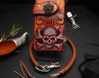 Carved Leather Biker Wallet Chain, Skull Carved Wallet, Bifold Western Cowboy Wallet, Motorcycle Wallet, leather Gift For Men, Gift for Dad