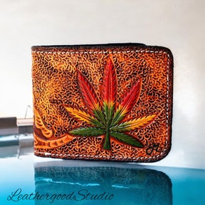 Cartera tallada en hierba, cartera de cuero para hombre, cartera bifold, cartera de vaquero occidental, cartera delgada hecha a mano, regalo de cuero para hombres, regalo para papá