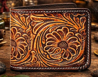Floral Tooled Leather Wallet for Men, Western Bifold Wallet, Hand Tooled Cowboy Leather Wallet, Fathers Day Gift, Birthday Gift for Him