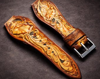 Correa de cuero para Apple Watch hecha a mano para mujer, correa de cuero con grabado floral, correa de cuero estilo western vintage, regalo hecho a mano para ella.
