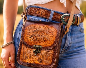 Horse Tooled Leather Bag, Western Crossbody Purse, Handmade Mountain Scene Shoulder Bag, Rustic Cowboy Style, Unique Gift for Her