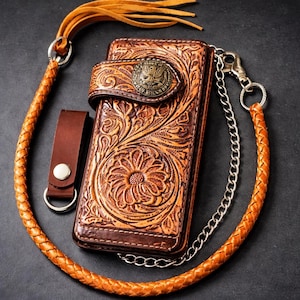 Cartera de cadena floral hecha a mano para hombre, cartera larga de cuero estilo western personalizada, cartera vaquera motera hecha a mano, regalo de cumpleaños para él/papá.
