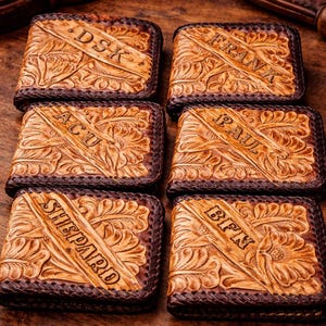 男性向け名入れレザーウォレット、花柄加工ウエスタン二つ折り財布、名前刻印入り本革ウォレット、お父さんや夫への手作りギフト