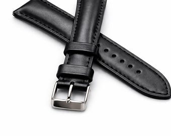 Correa de reloj de cuero negro, correa minimalista de cuero de grano completo de 20 mm y 22 mm, correa de reloj clásica hecha a mano, correa de repuesto, regalo para él o ella.