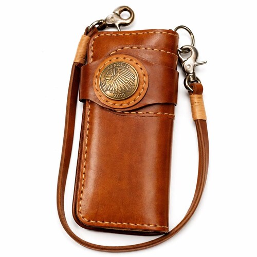Leather Chain Wallet for Men, Handmade Minimalist Biker Wallet, Slim Long Wallet with Snap Closure, Fathers Day, Birthday Gift for Him