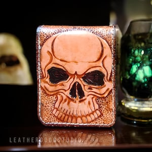 Cartera de cuero con calavera plegable, cartera de cuero para hombre con cadena de motociclista, cartera delgada hecha a mano, cartera de cuero para hombres, cartera con calavera para hijo, el mejor regalo
