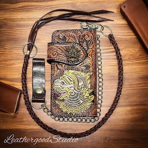 Geschnitzte Leder Biker Brieftasche Kette, Riesen geschnitzte Brieftasche, Bifold Western Cowboy Brieftasche, Motorrad Brieftasche, Leder Geschenk für Männer, Geschenk für Papa
