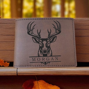 Deer Hunter Wallet, Personalized Genuine Leather Wallet for Men, Hunting Gift for Him, Husband, Boyfriend, Custom Men&#39;s Wallet Gift