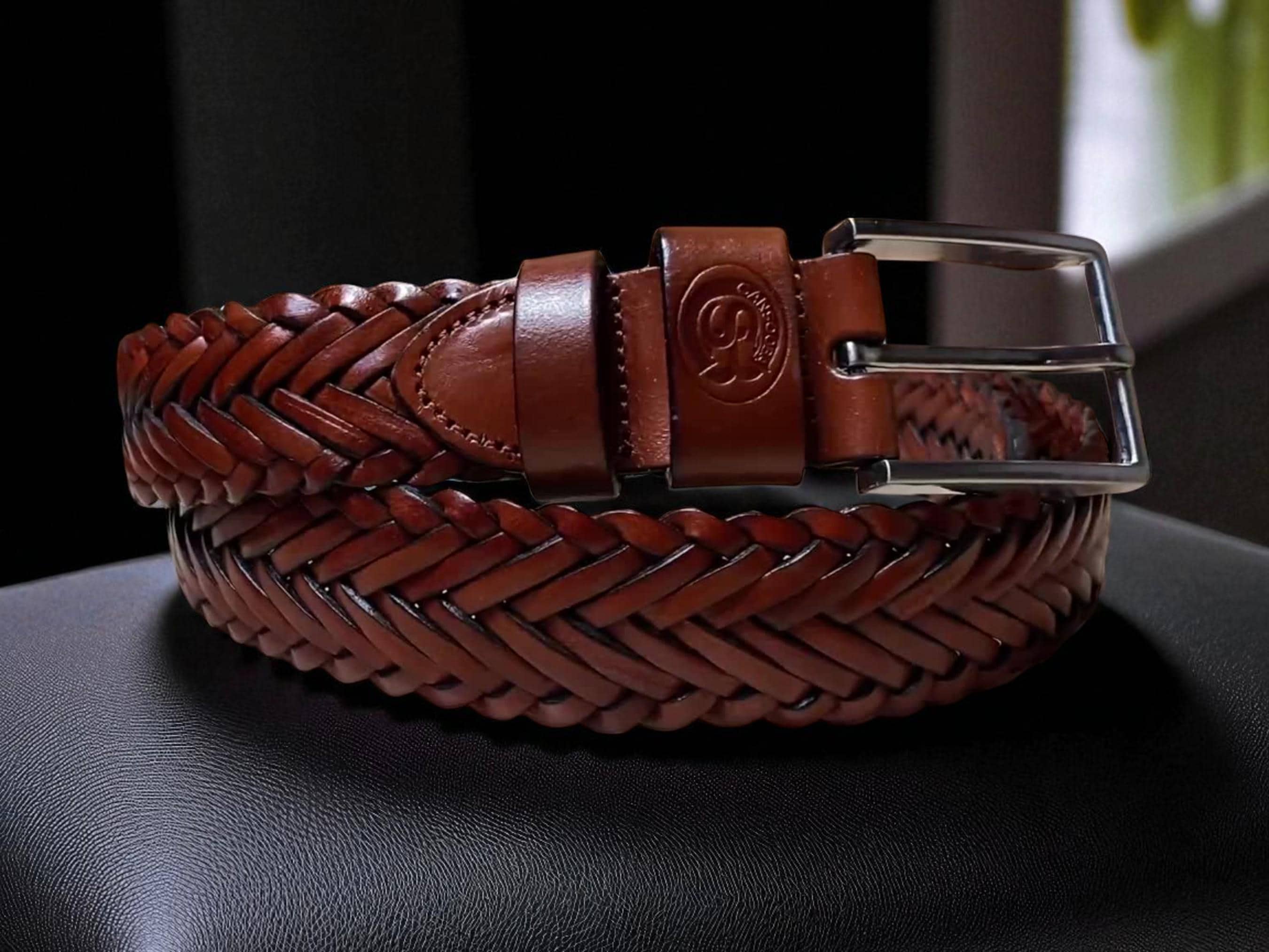 Cowhide Leather Braided Belt for Women, Unisex Tan Braided  display picture 1