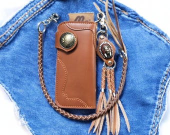 Regalo de San Valentín para él, billetera con cadena, billetera de cuero para motocicleta, billetera larga para hombre, billetera de cuero para motociclista hecha a mano, regalo para papá y novio