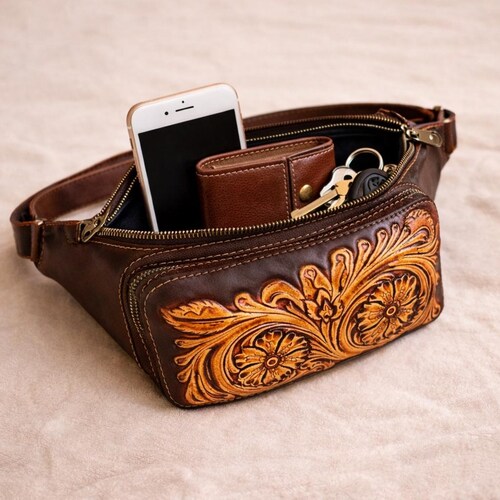 Hand Tooled Leather Fanny Pack, Sheridan Style Western Belt Bag, Handmade Leather Waist Bag, Crossbody Bag Gift for Him