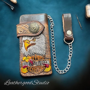 Cartera de cuero para hombre hecha a mano, cartera de cadena, cartera de motociclista larga, cartera con cremallera plegable, cartera de vaquero occidental, cartera de tarjeta de crédito, regalo de cuero