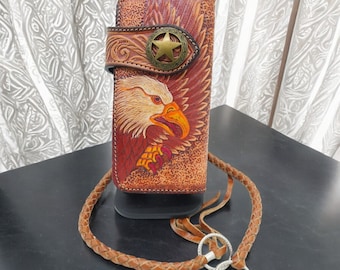 Cartera de cuero tallado estilo motero, cartera con águila tallada, cartera vaquera del oeste, cartera de cuero para motociclista, cartera para motocicleta, regalo de cuero para hombre