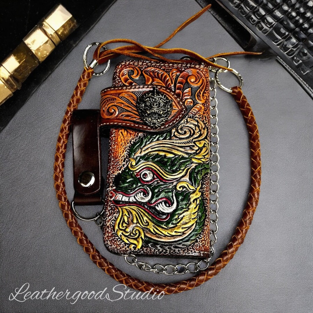 Comedically Large Wallet Hand Tooled Giant Leather Wallet With Chain, Custom Mythical Mask Long ...