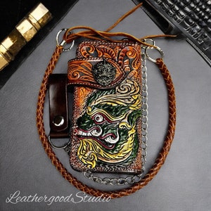 Geschnitzte Leder Biker Brieftasche Kette, Riesen geschnitzte Brieftasche, Bifold Western Cowboy Brieftasche, Motorrad Brieftasche, Leder Geschenk für Männer, Geschenk für Papa