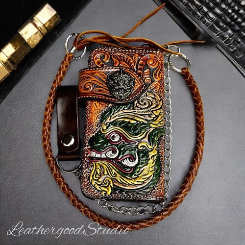 Hand Tooled Giant Leather Wallet with Chain, Custom Mythical Mask Long Wallet for Men, Personalized Western Biker Wallet,Unique Gift for Him