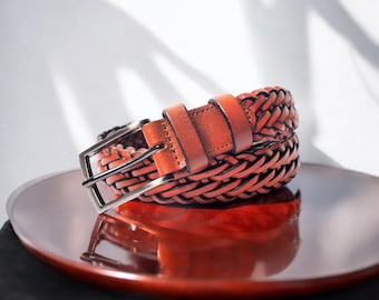Geflochtener hochwertiger Ledergürtel, handgefertigter pflanzlich gegerbter Ledergürtel, Unisex-Gürtel, eleganter stilvoller Gürtel, Handgeflecht-Ledergürtel