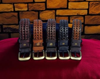 Blue Genuine Split Cowhide Genuine Leather Woven Weaved Gold 