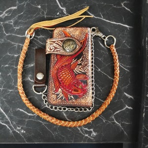 Geschnitzte Leder Biker Brieftasche Kette, Fisch geschnitzte Brieftasche, Western Cowboy Brieftasche, Leder Biker Brieftasche, Motorrad Brieftasche, Leder Geschenk für Männer