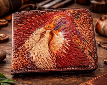 Eagle Tooled Leather Wallet for Men, Western Bifold Wallet, Hand Carved Eagle Leather Wallet,  Cowboy Wallet, Fathers Day Gift for Dad