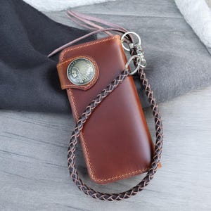 Cartera de motociclista de cuero hecha a mano, cartera con cadena, cartera para motociclista, cartera vaquera occidental plegable, cartera para motocicleta, regalos para motociclistas para hombres y papás