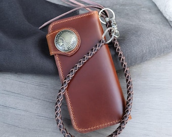 Handmade Leather Biker Wallet, Chain Wallet, Wallet for biker, Bifold Western Cowboy Wallet, Motorcycle Wallet, Biker gifts for men and Dad
