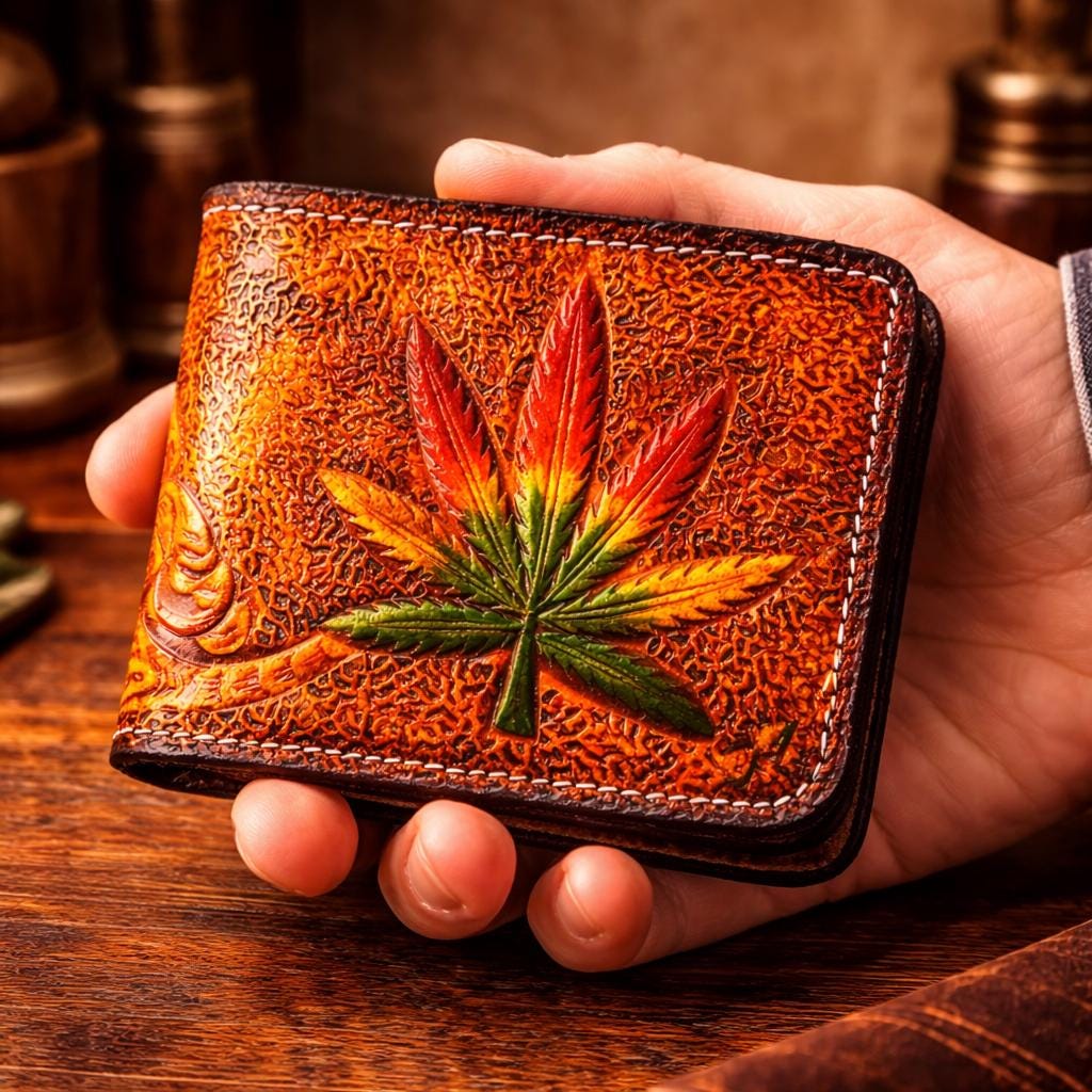 Leaf Tooled Leather Wallet for Men, Cannabis Leaf Bifold Wallet, Hand ...