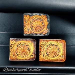 Handgemaakte leren portemonnee, bloem gesneden portemonnee, dubbele portemonnee, westerncowboy portemonnee, jubileumcadeau voor hem, cadeau voor mannen, cadeau voor papa