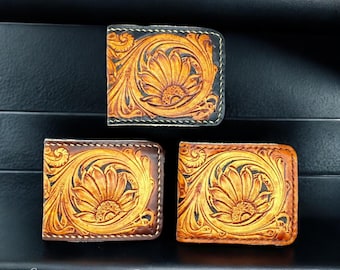 Cartera de cuero repujado a mano, cartera plegable floral para hombre, cartera artesanal de estilo occidental, cartera de cuero tallada vintage, regalo para él/papá.