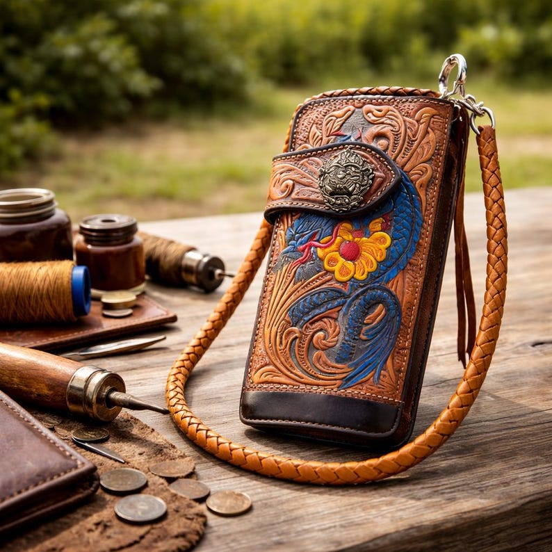 Hand Tooled Leather Chain Wallet for Men, Western Floral Dragon Bifold Wallet, Handmade Biker Cowboy Wallet, Fathers Day Gift for Men Cowboy