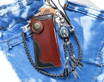 Regalo de San Valentín para él, billetera con cadena, billetera de cuero para motocicleta, billetera larga para hombre, billetera de cuero para motociclista hecha a mano, regalo para papá y novio