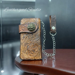 Cartera de cuero para hombre hecha a mano, cartera de cadena, cartera de motociclista larga, cartera con cremallera plegable, cartera de vaquero occidental, cartera de tarjeta de crédito, regalo de cuero