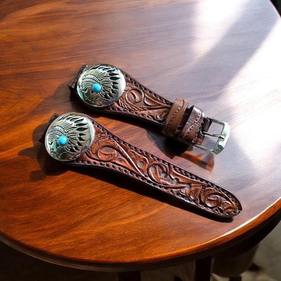 Turquoise Stone & Leather Watch Strap, Gemstone iWatch Band, Leather Apple Watch Band, Replacement Straps 18mm 20mm and 22mm, Gift For Him