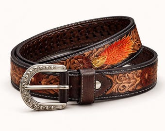 Handmade Floral Embossed Black Metal Loop Leather Belt  display picture 1