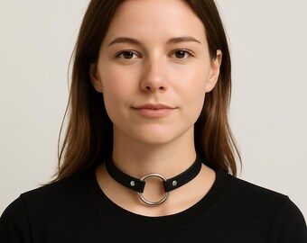 Black Leather Choker O ring Choker, Punk Goth Collar Necklace, Adjustable Alternative Fashion Jewelry, Edgy Gift for Her
