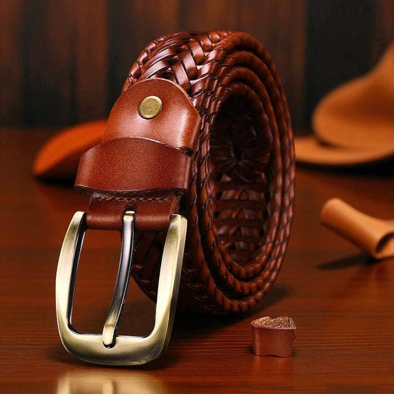 Braided brown belt with nice gold buckle 3.3 CM Leather Braided Belt With Gold Buckle, Extra Long  main image 4
