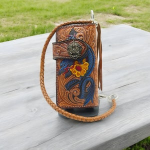 Geschnitzte Leder Biker Brieftasche Kette, Drachen geschnitzte Brieftasche, Western Cowboy Brieftasche, Leder Biker Brieftasche, Motorrad Brieftasche Leder Geschenk für Männer